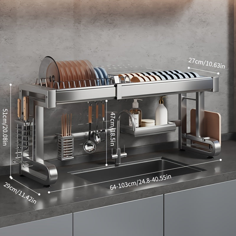 Telescopic 304 Stainless Steel Kitchen Sink Rack, Length Adjustable Cabinet Countertop Sink Dish Storage Rack