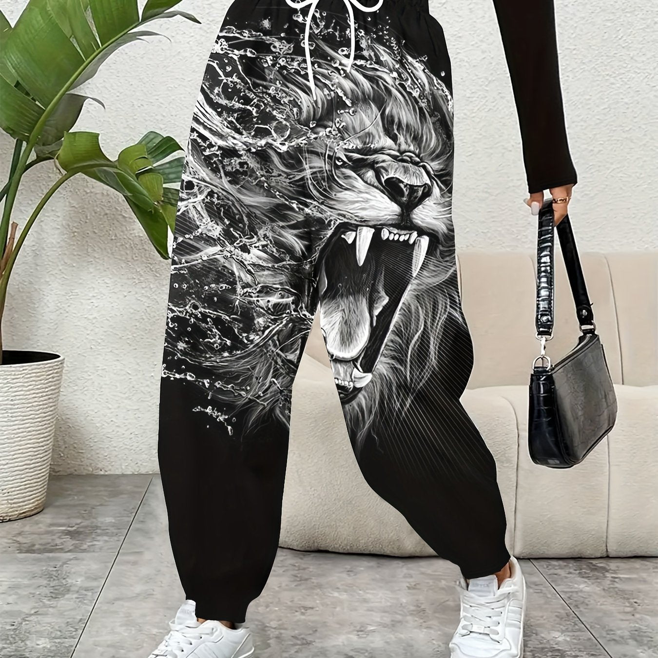 Casual Elastic Waist Pants - Lion Print Drawstring Baggy Pants with Pockets for Every Day