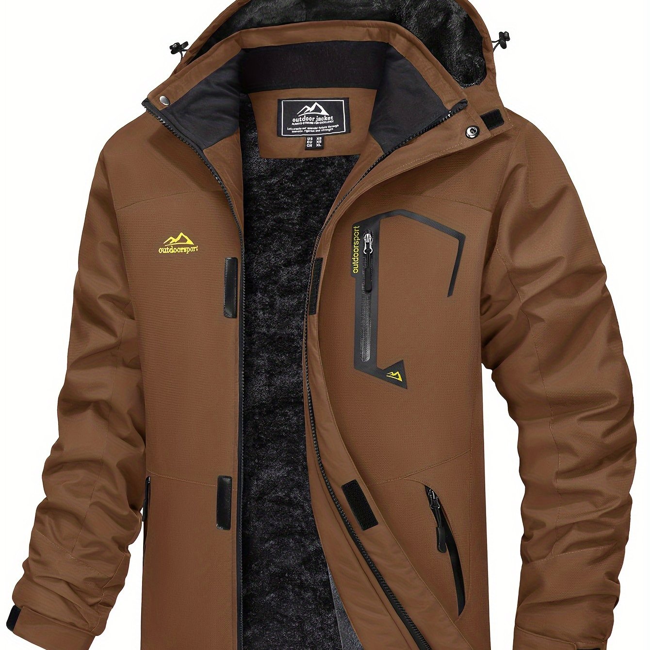 Men Winter Ski Snow Jacket - Multiple Zipper Pockets, Large Storage, Removable Hood, Adjustable Cuffs