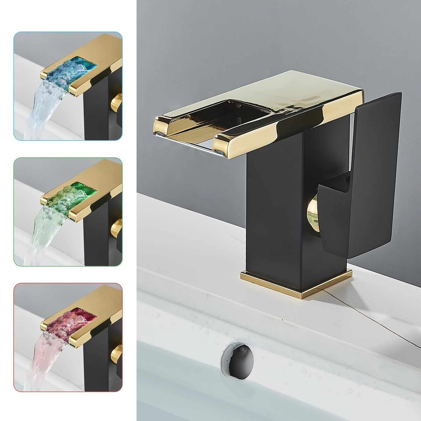Waterfall Bathroom Faucet Black & Golden Led Light 3 Colors Changing Spout