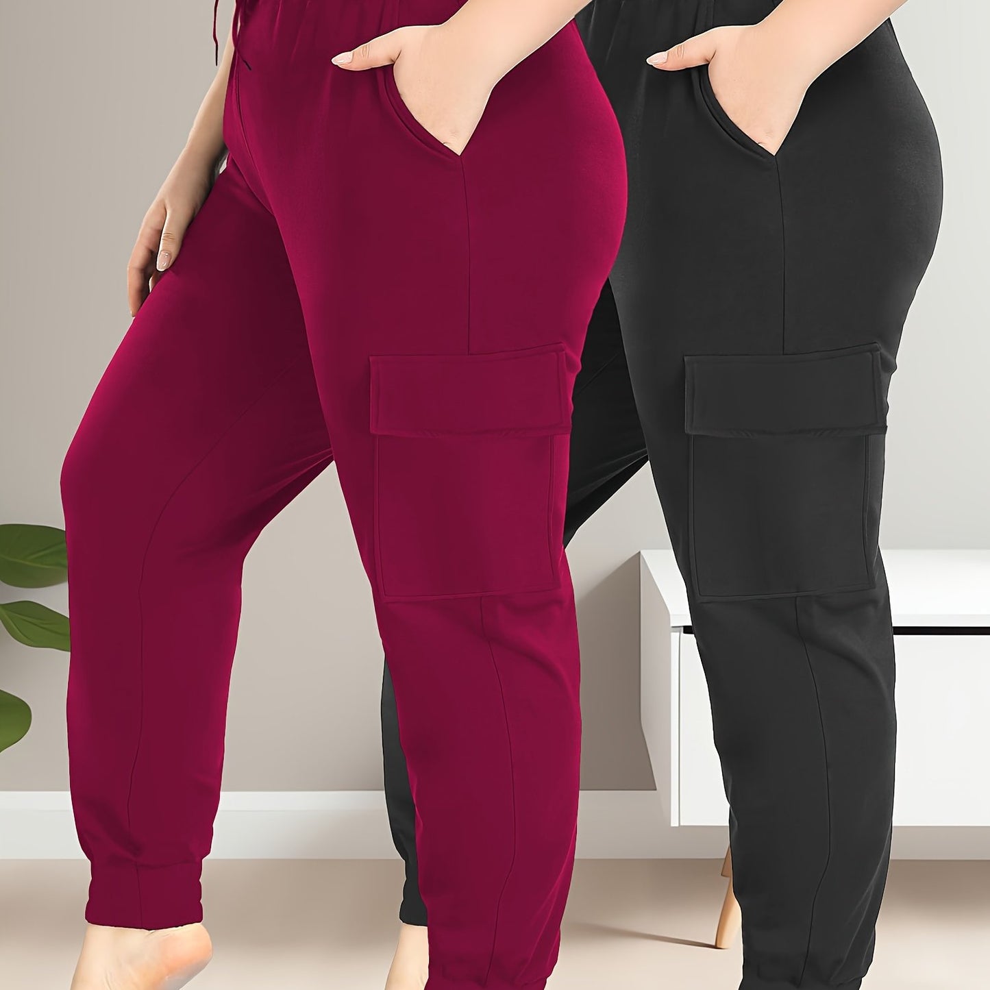 High Stretch 2-Pack Plus Size Drawstring Cargo Pants - With Pockets