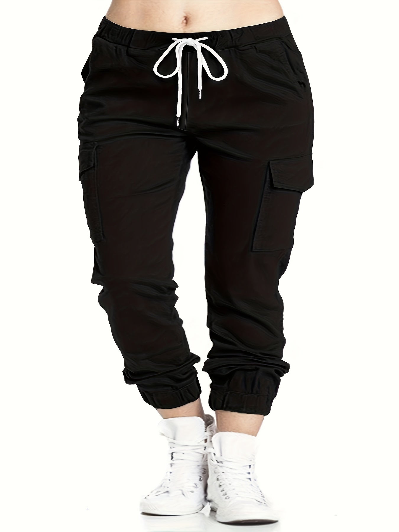 Plus Size Flap Pockets Fitted Bottom Cargo Pants, Drawstring Pants