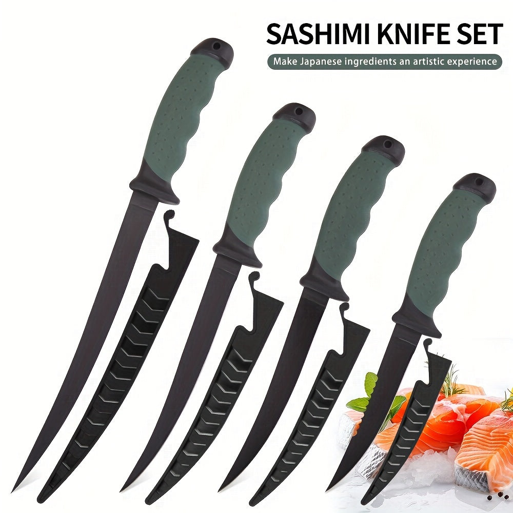 4pcs/Set Fish Cutting Fillet Knife, Non-stick Coating PP+TPR Soft Handle, Stainless Steel Fishing Knife Included Sheath