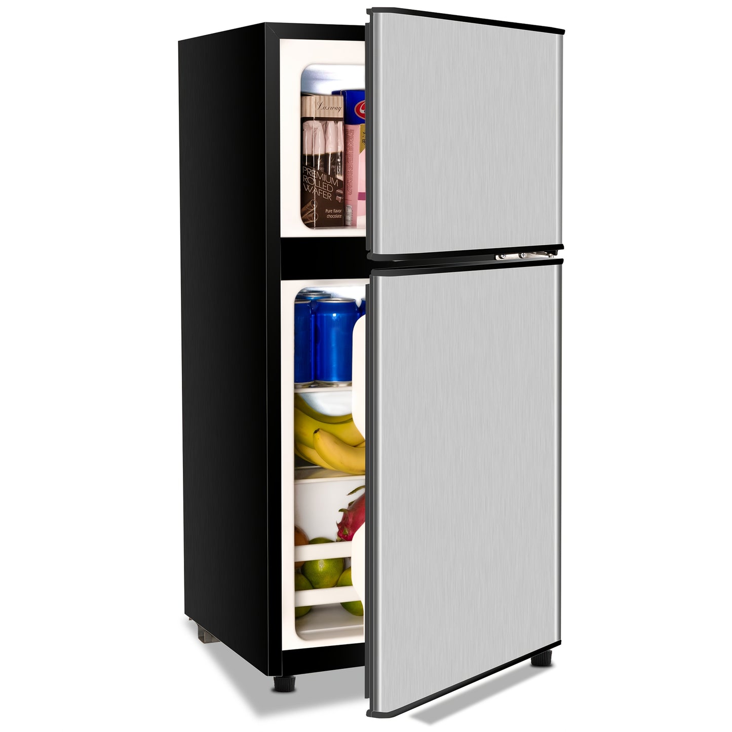 Compact 3.2 CU.FT Mini Fridge with Freezer - Sleek Black & Gray, 2-Door Design, Adjustable Shelves,