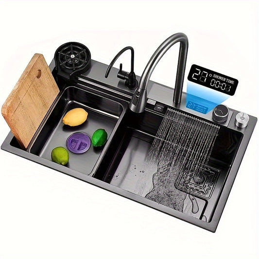 Black Nano Embedded Kitchen Sink, Waterfall Sink With Pull-down Nozzle Faucet, Single Slot Embedded Kitchen Sink Workstation With LED Temperature Display