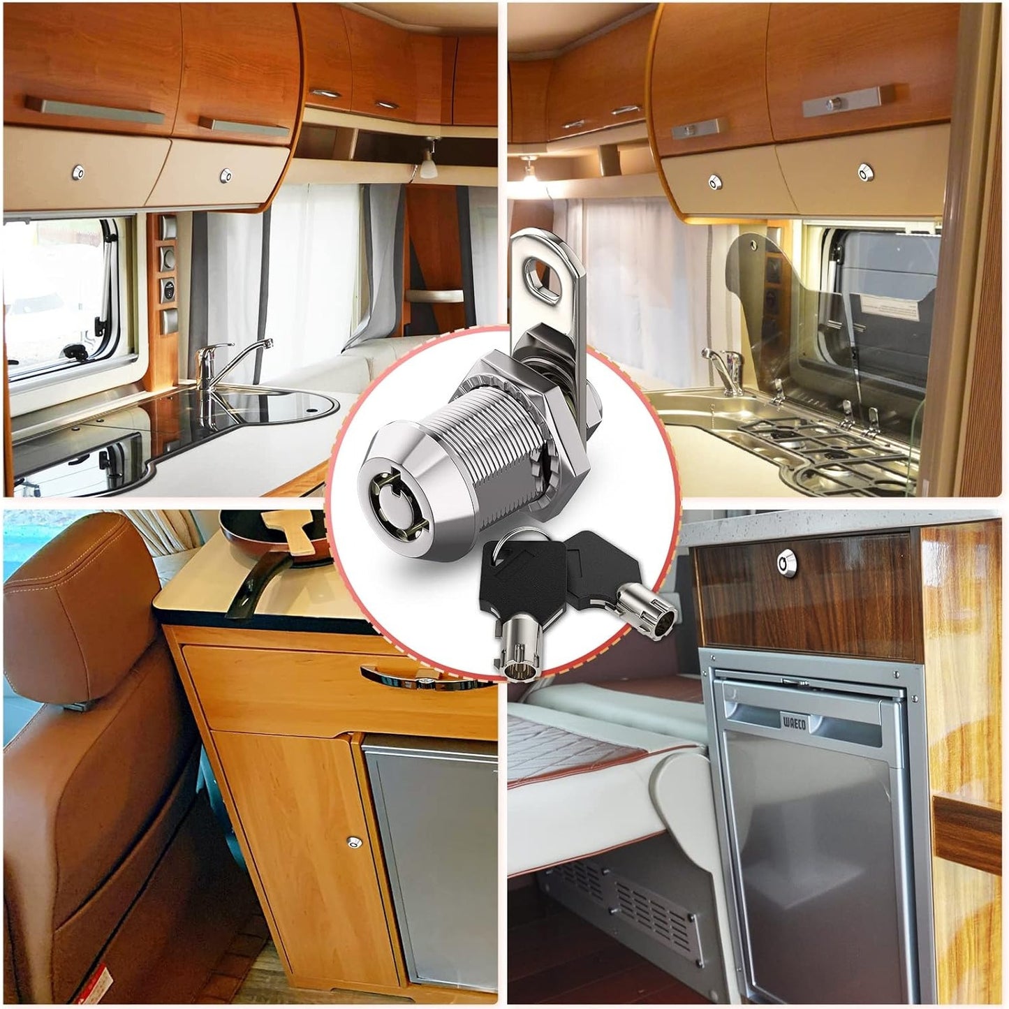 4pcs Chrome Tubular Cam Locks for RVs & Cabinets - Keyed Alike, Removable Keys, 7/8" 90°