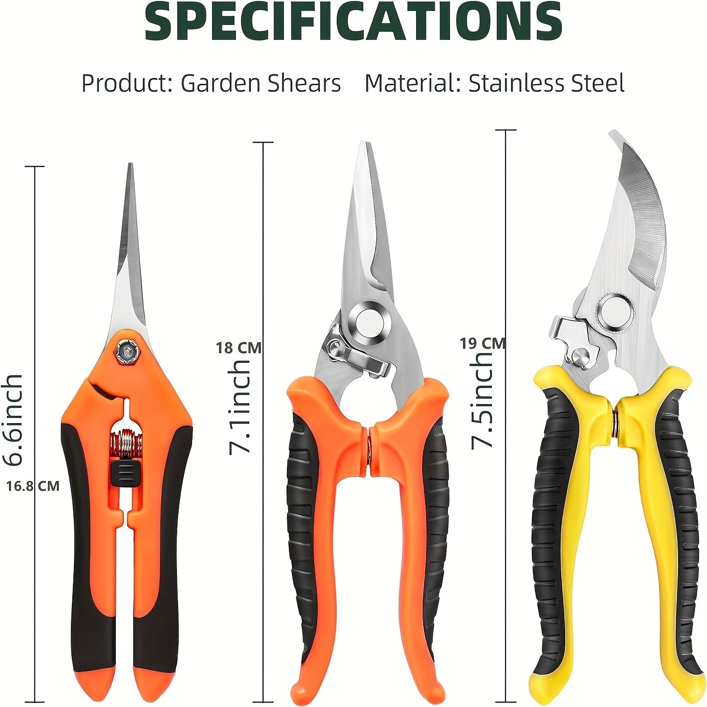 6-Pack Classic Style Stainless Steel Garden Shears, Ergonomic Non-Slip Metal Handheld Gardening Clippers, High-Quality Spring Assisted Pruners