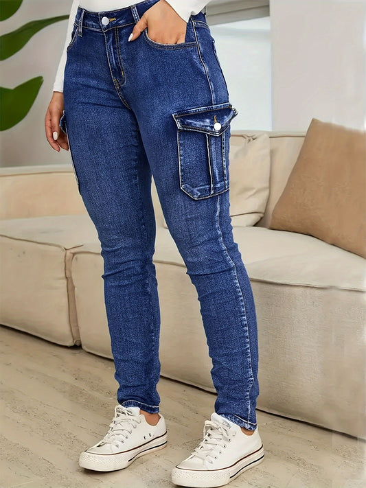 Women's Plus Size High-Waisted Jeans, Multi-Pocket Denim Pants