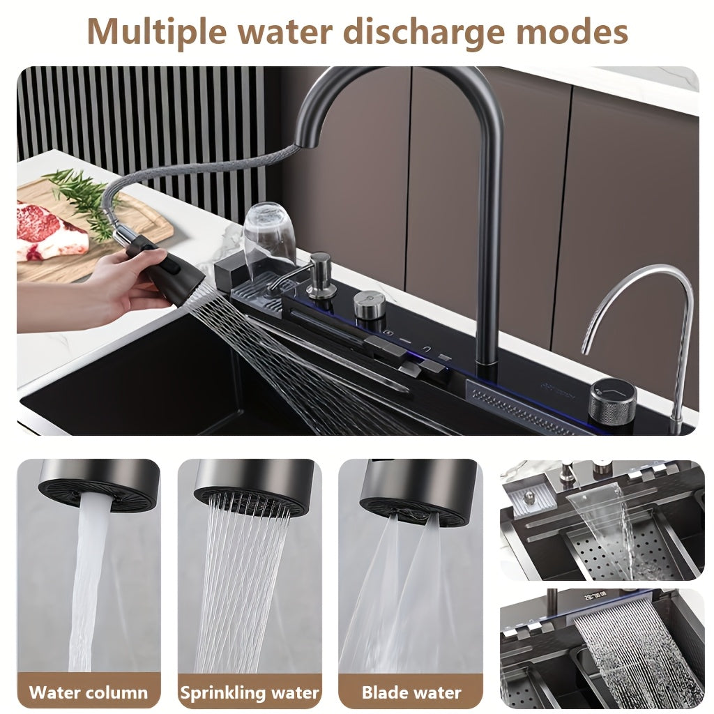 Extra Large Modern Black Stainless Steel Kitchen Sink with Digital Display, Dual Waterfall Design & Cup Holders