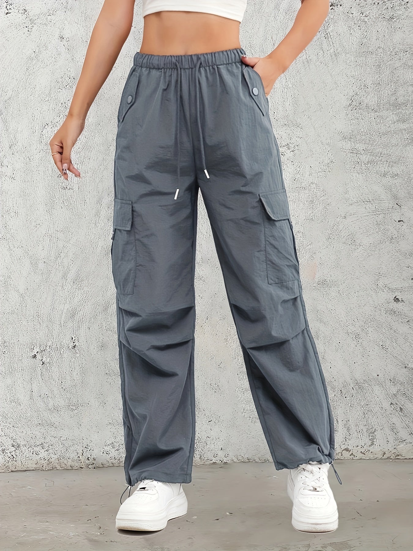 Women's High-Waist Cargo Pants with Elastic Drawstring Waistband, Multi-Pocket Design